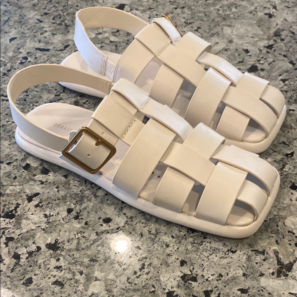 White Strappy Sandals with Gold Buckle